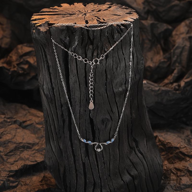 Women Simple Sterling Silver Elk Horn Blue Rhinestone Necklace